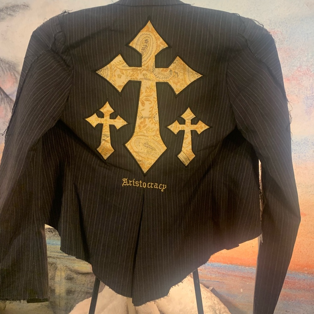 “Aristocracy" pinstripe blazer w/ gold cross design on back ,1 button closure